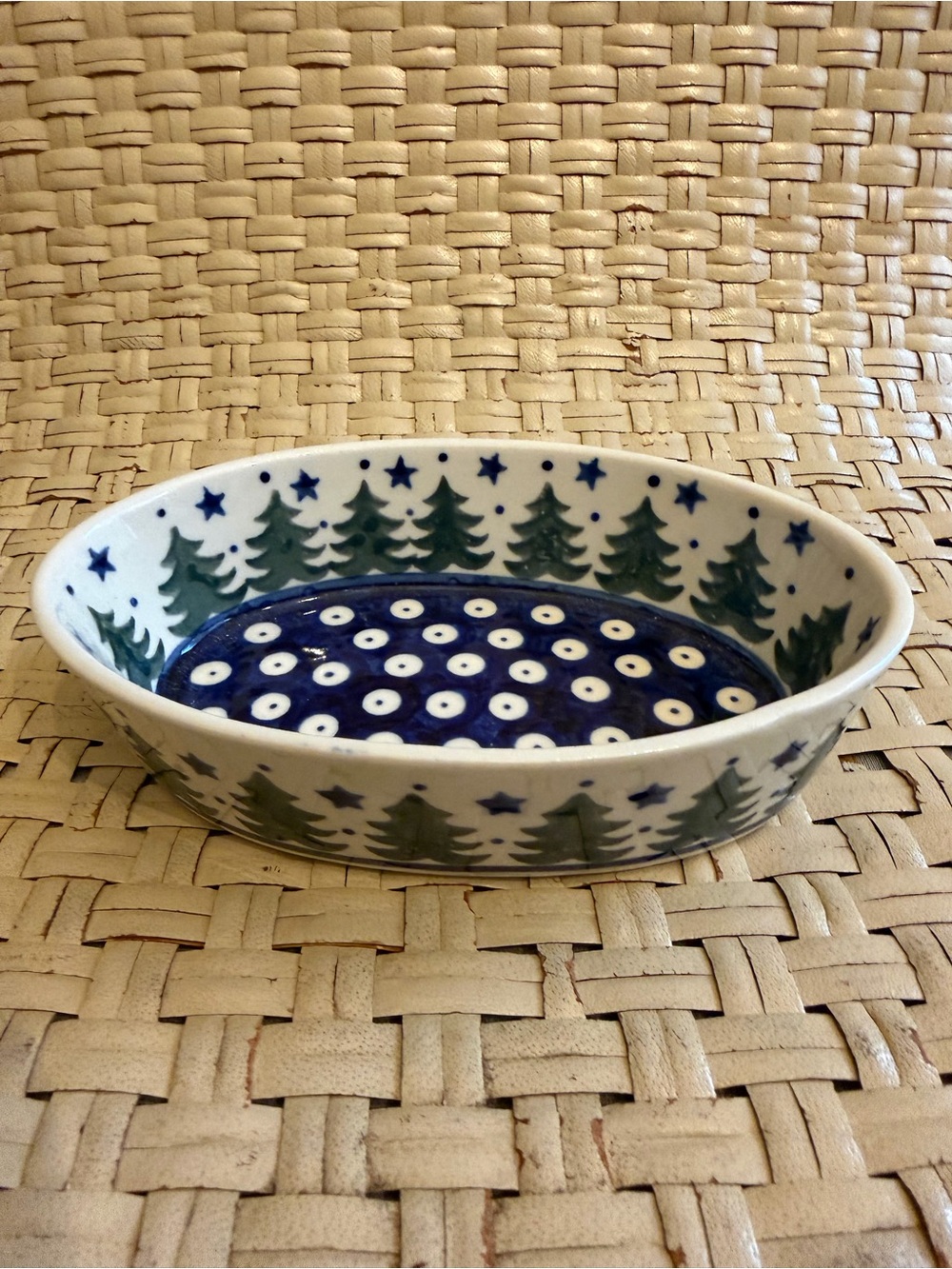 Small Oval Polish Pottery Hand-Painted Ceramic Boleslawiec in Blue and Green